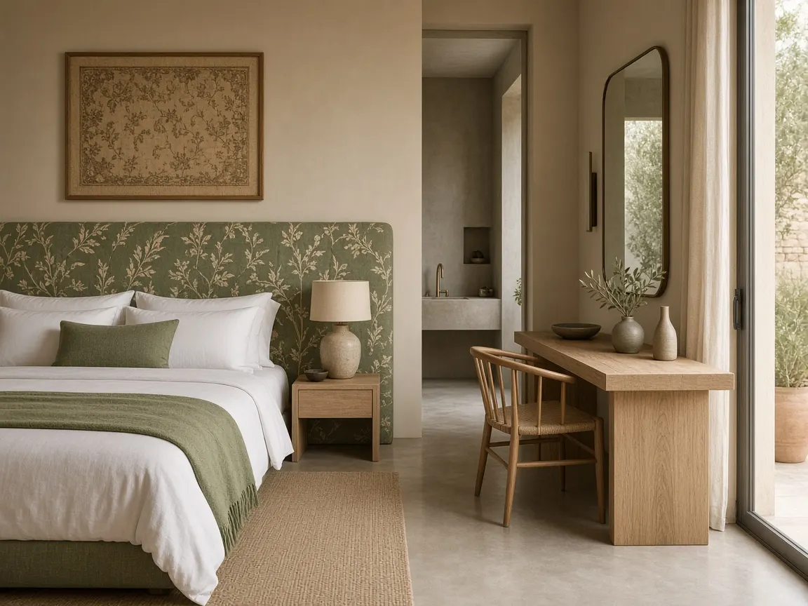 Habitación con cabecera textil y roble claro