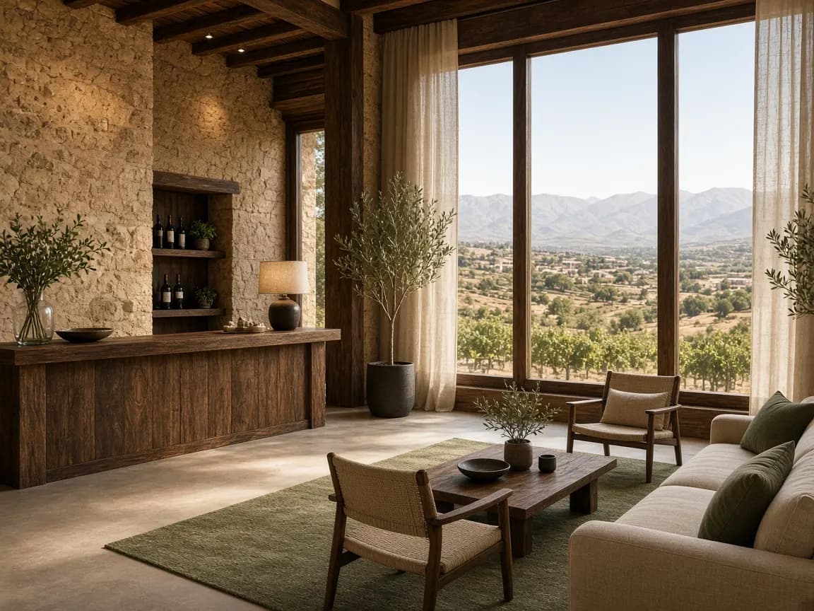 Recepción de piedra y madera con vista al valle