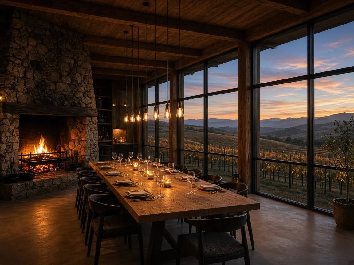 Comedor con vista a viñedos y cocina de fuego