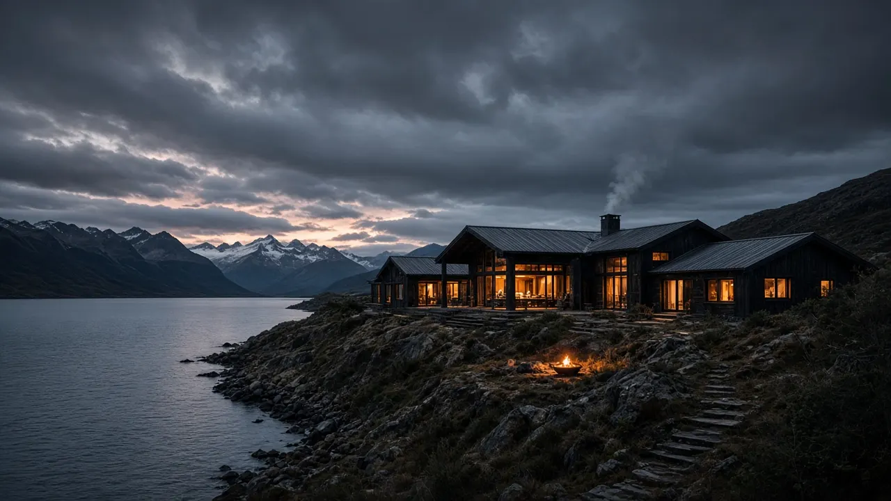 Estancia Calafate Lumbre de madera oscura junto al lago