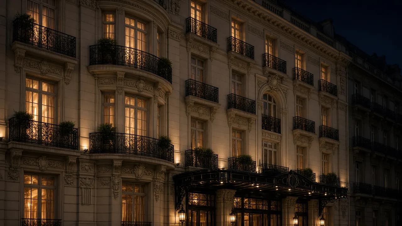 Fachada patrimonial iluminada de Palacio Alvear Nocturno