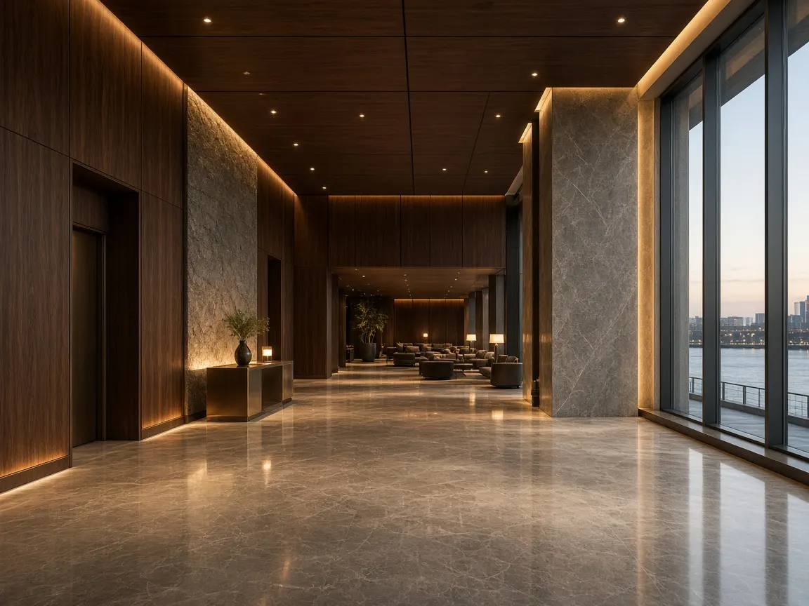 Lobby mineral con mármol mate y madera oscura